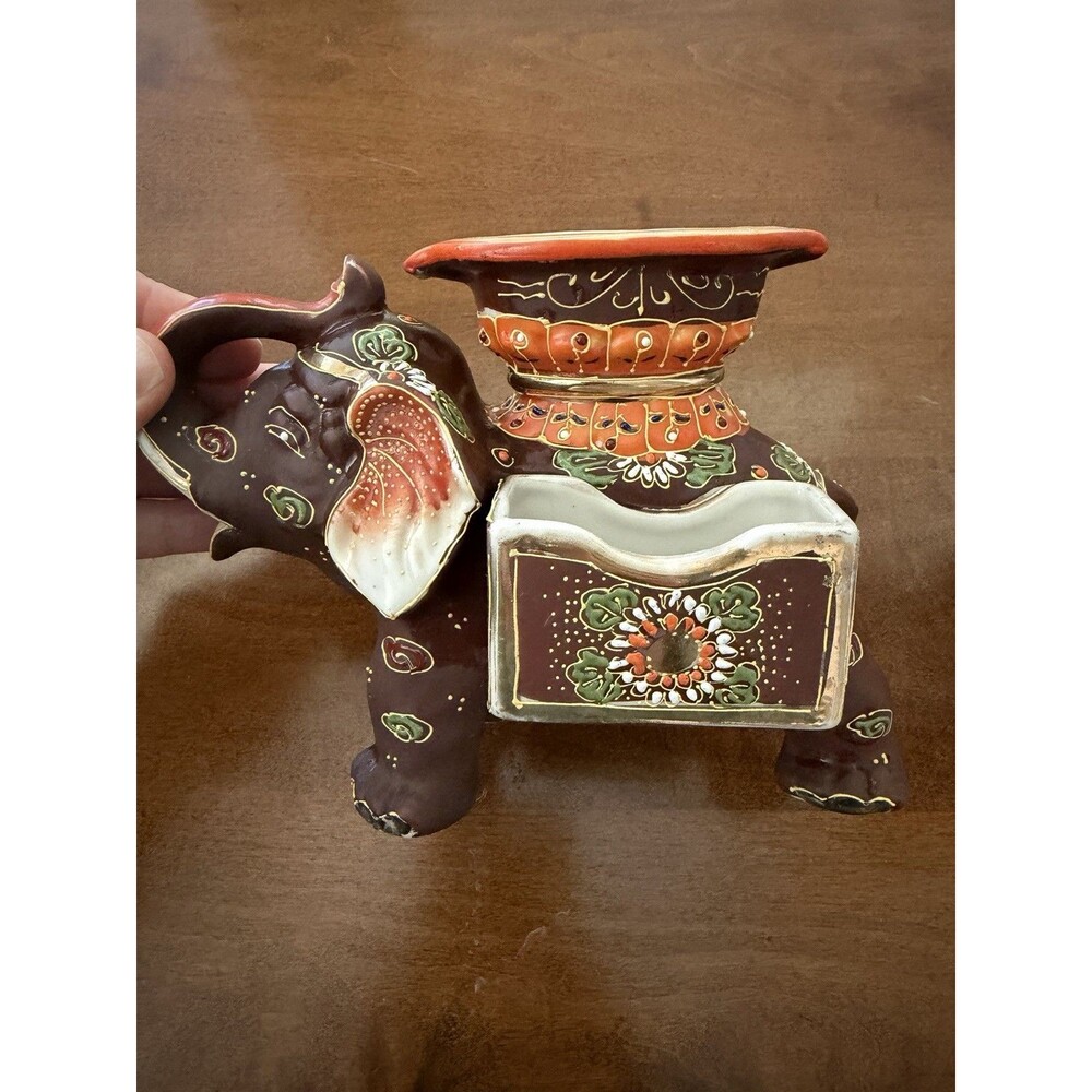 Vintage 1920s Hand Painted Japanese Satsuma Elephant Antique Ashtray Cigarettes
